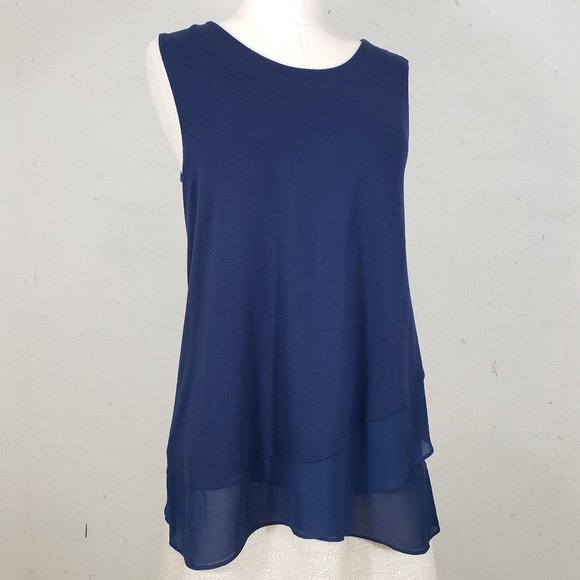 Vince Camuto Navy Blue Layered Mixed Media Top, M - Picture 1 of 6